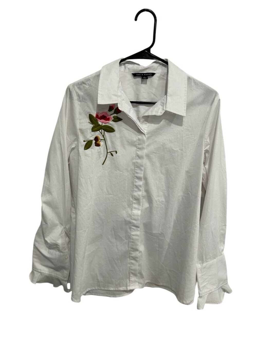 Zac & Rachel Large White Button-Up Shirt Floral Embroidery Gardencore Boho